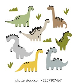 Set of cute dinosaurs. Cartoon funny Jurassic animals. Simple flat vector illustrations.