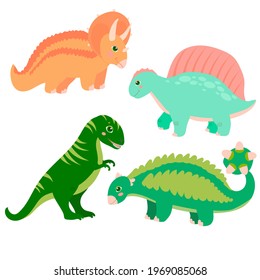 Set of cute dinosaurs in cartoon style. Bright childish drawing with animals. Vector illustration isolated on white background.