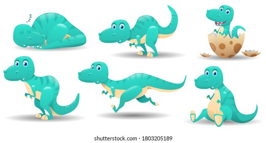 Set of cute dinosaurs characters. Funny animal dinosaur trex. Dinosaurs and different poses. Cute baby dinosaurs cartoon collection. Vector illustration