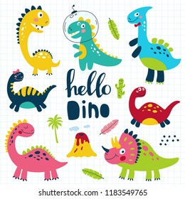 Set of cute dinosaurs for children print. Vector illustration