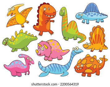 Set of cute dinosaurs. Colorful cartoon characters. Funny vector illustration. Isolated on white background