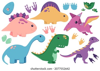 A set of cute dinosaurs for decorating the nursery, Mesozoic era stickers for children, Tyrannosaurus, Pterodactyl, Stegosaurus, Brachiosaurus in a flat style, isolated on a white. Vector illustration