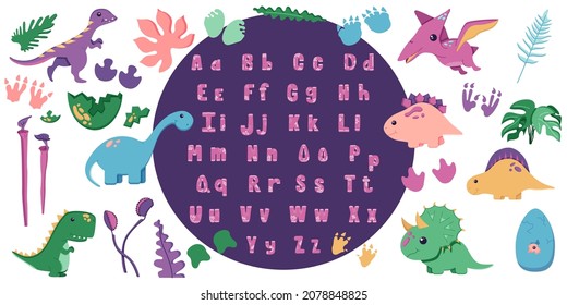 A set of cute dinosaurs for decorating the nursery, Mesozoic era stickers for children, with hand drawn alphabet in a flat style, isolated on a white. Vector illustration