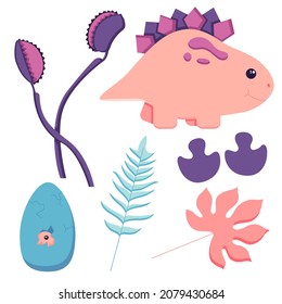 A set of cute dinosaurs for decorating the nursery, Mesozoic era stickers for children, Tyrannosaurus, Pterodactyl, Stegosaurus, Brachiosaurus in a flat style, isolated on a white. Vector illustration