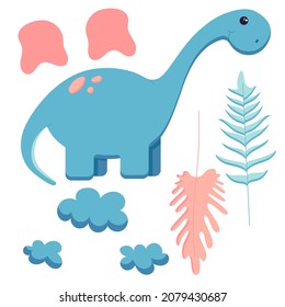 A set of cute dinosaurs for decorating the nursery, Mesozoic era stickers for children, Tyrannosaurus, Pterodactyl, Stegosaurus, Brachiosaurus in a flat style, isolated on a white. Vector illustration