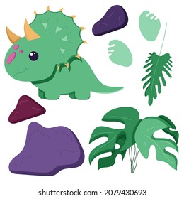 A set of cute dinosaurs for decorating the nursery, Mesozoic era stickers for children, Tyrannosaurus, Pterodactyl, Stegosaurus, Brachiosaurus in a flat style, isolated on a white. Vector illustration