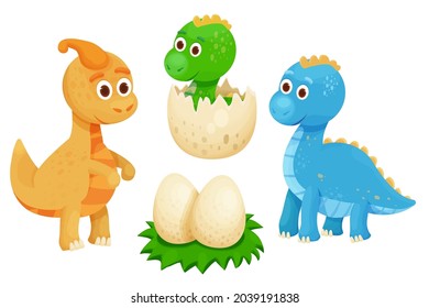 Set cute dinosaurs with dino nest and eggs in cartoon style. Jurassic monsters, smiling characters. Childish clip art.