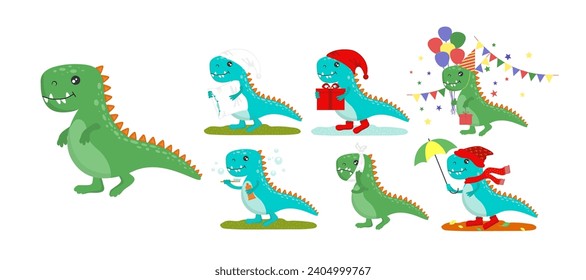 Set of cute dinosaurs. Dinosaur Christmas, Autumn, with a toothbrush, toothache, with a pillow. Vector illustration