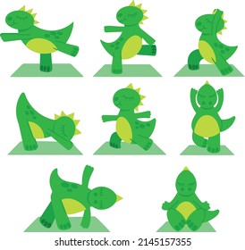 Set of cute dinosaurs doing yoga. Vector illustration. Dinosaurs in various yoga asanas on special mat. Design element for design of postcards banners posters menu brochures sites. Collection of