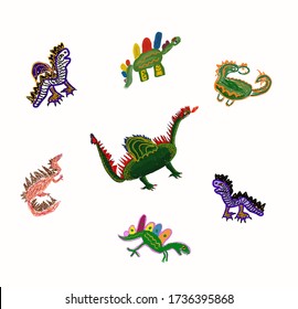 Set of cute dinosaurs and dragons in the style of children's drawing.Vector.