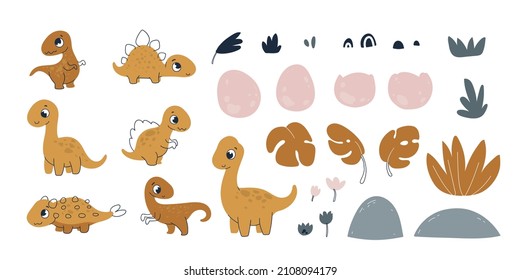 Set cute dinosaurs, egg and tropical leaves. Cartoon Print for baby posters, cards, clothes, decor room. Vector illustration