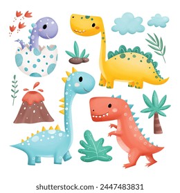 Set of Cute Dinosaurs and Elements