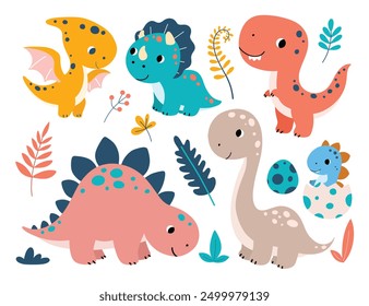 Set of Cute Dinosaurs and Elements