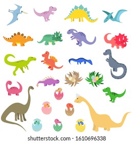 Set of cute dinosaurs in a flat style isolated on white background. Stock vector illustration for decoration and design, children's books and coloring, stickers, fabrics, packaging, postcards and more