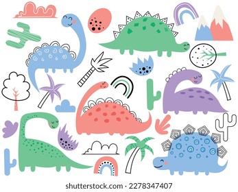 Set of cute dinosaurs, foliage, cactus. Vector illustration for kids, nursery, poster, card, birthday party. Funny cartoon dino collection. Cute vector set with dinosaurs.