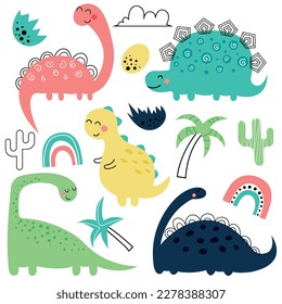 Conjunto de lindos dinosaurios, follaje, cactus. Ilustración vectorial para niños, guardería, afiche, tarjeta, fiesta de cumpleaños. Divertida colección de dinos de dibujos animados. Conjunto de vectores con dinosaurios.