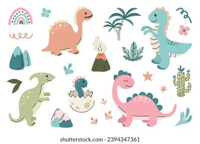 Está decorado con lindos dinosaurios. La divertida colección de dinosaurios con diferentes tipos de animales lindos. Ilustración del vector aislada en fondo blanco