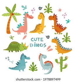 Set of cute dinosaurs. Hand drawn happy dinos, palm and cactus. Cartoon characters, funny animals in nordic style. Vector illustration for children, flat design. 