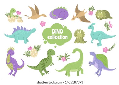 Set of cute dinosaurs isolated on white background. Little dino for t-shirt, kids apparel, poster, nursery or etc. Vector Illustration.