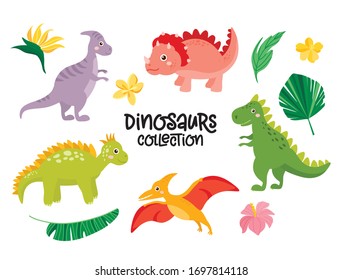 Set of cute dinosaurs isolated on white background. Kids illustration. Funny cartoon Dino collection. Tropical leaves, dino eggs, rainbow.