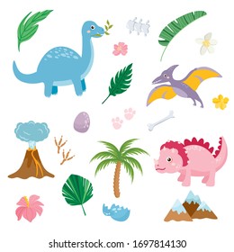 Set of cute dinosaurs isolated on white background. Kids illustration. Funny cartoon Dino collection and prehistoric elements. Tropical leaves, volcano, dino eggs.