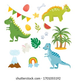 Conjunto de lindos dinosaurios aislados en fondo blanco. Ilustración infantil. Graciosa colección de dibujos animados Dino y elementos prehistóricos. Hojas tropicales, volcán, huevos de dino.