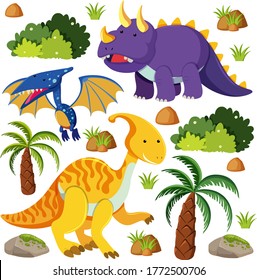 Set of cute dinosaurs isolated on white background illustration