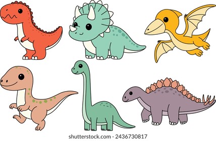 Set of Cute Dinosaurs isolated on white background. Stegosaurus, Pteranodon, Brachiosaurus, Velociraptor, Tyrannosaurus, Triceratops