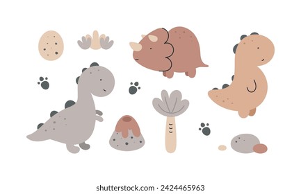 Set with cute dinosaurs. For for kids design, fabric, wrapping, cards, textile, wallpaper, apparel. Isolated vector cartoon illustration in flat style on white background.