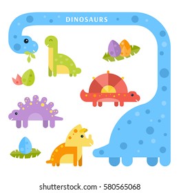 Set of cute dinosaurs for kids. Vector flat illustration.
