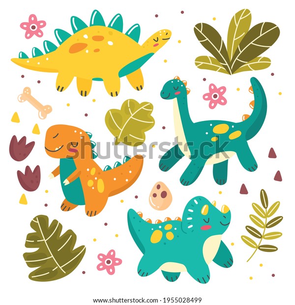 Set Cute Dinosaurs Leaves Cartoon Style Stock Vector (Royalty Free ...