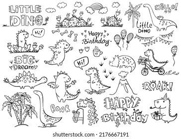 Conjunto de lindos dinosaurios y letras Feliz Cumpleaños, rugido, Hola, Big Dream, pequeño dino aislado en blanco. Ilustración vectorial. Perfecto para imprimir, colorear libro, tarjetas de felicitación.