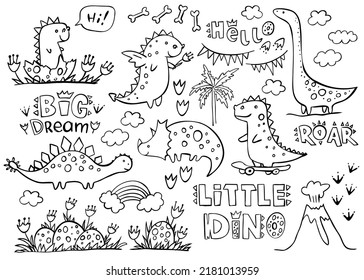 Conjunto de lindos dinosaurios y letras rugido, Hola, Big Dream, pequeño dino aislado en blanco. Ilustración vectorial. Perfecto para imprimir, colorear libro, tarjetas de felicitación.