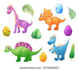 Set of cute dinosaurs with magic egg and exotic tropical leaves in transparent background. Vector childish illustration