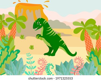 Set of cute dinosaurs on the background of nature in cartoon style. Bright childish drawing with animals. Vector illustration isolated on white background.