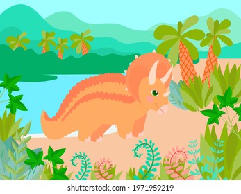 Set of cute dinosaurs on the background of nature in cartoon style. Bright childish drawing with animals. Vector illustration isolated on white background.