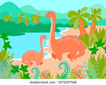 Set of cute dinosaurs on the background of nature in cartoon style. Bright childish drawing with animals. Vector illustration isolated on white background.