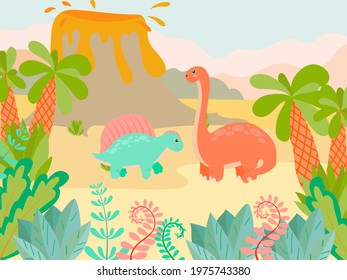 Set of cute dinosaurs on the background of nature in cartoon style. Bright childish drawing with animals. Vector illustration isolated on white background.