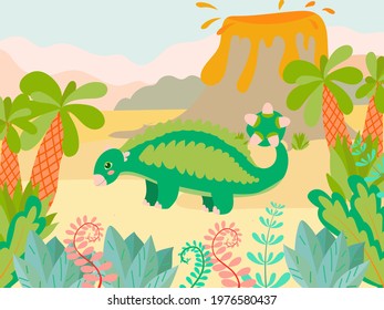 Set of cute dinosaurs on the background of nature in cartoon style. Bright childish drawing with animals. Vector illustration isolated on white background.