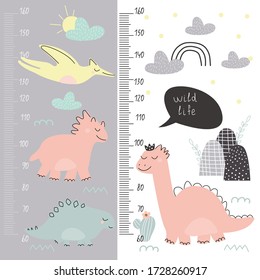 Set of cute dinosaurs on a colored and white background. Vector illustration for printing on a height gauge, postcard, fabric, packaging. Cute children's background.
