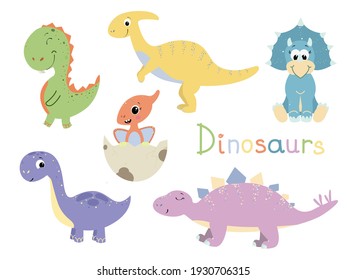 Set of cute dinosaurs on white background in flat design. Triceratops, Brontosaurus, Parasaurolophus, Tyrannosaurus, Stegosaurus, and Pterodactyl. Vector illustration with prehistoric wildlife.