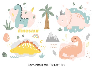 Set of cute dinosaurs with palm tree, egg, mountan, heart, leaf. Vector illustration for fabric, textile, card, sticker, print in hand drawn doodle style