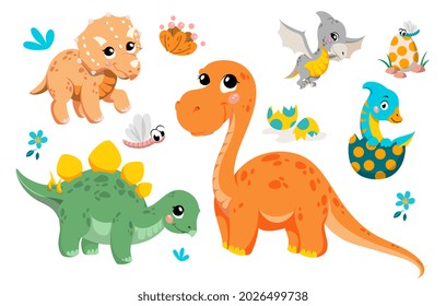 Set of cute dinosaurs. Pictures for printing on Tshirts. Posters and stickers for children. Old life forms, BC. Creation of Earth. Cartoon flat vector illustrations isolated on white background