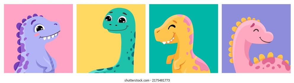 Set of cute dinosaurs posters for baby print design or nursery poster. Vector cartoon illustration 