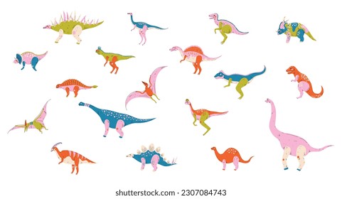 Set of cute dinosaurs. Pterosaurs, stegosaurus, brontosaurus, tyrannosaurus rex, velociraptor prehistoric animals cartoon vector Illustration
