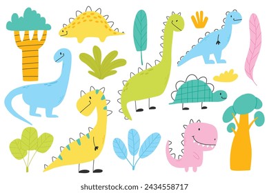 Conjunto de lindos dinosaurios en estilo escandinavo. Colección de bebé dino aislado sobre fondo blanco. Ilustración vectorial.