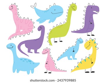Set of cute dinosaurs in scandinavian style. Collection of baby dino isolated on white background. Vector illustration.