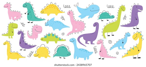 Set of cute dinosaurs in scandinavian style. Collection of baby dino isolated on white background. Vector illustration.