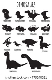 Set of cute dinosaurs silhouettes character with lettering, Vector doodle illustration, line art.