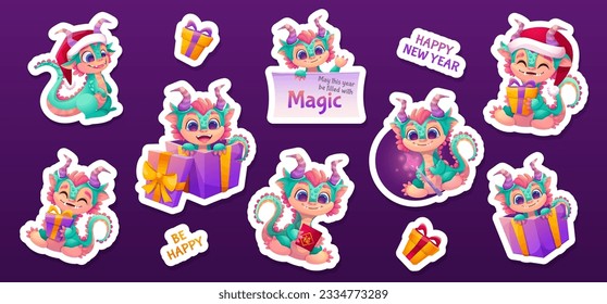 Set of cute dinosaurs stickers. Vector illustrations with beautiful dragon characters for printing, design elements, children's illustrations, wrapping paper. New Year and Christmas holidays